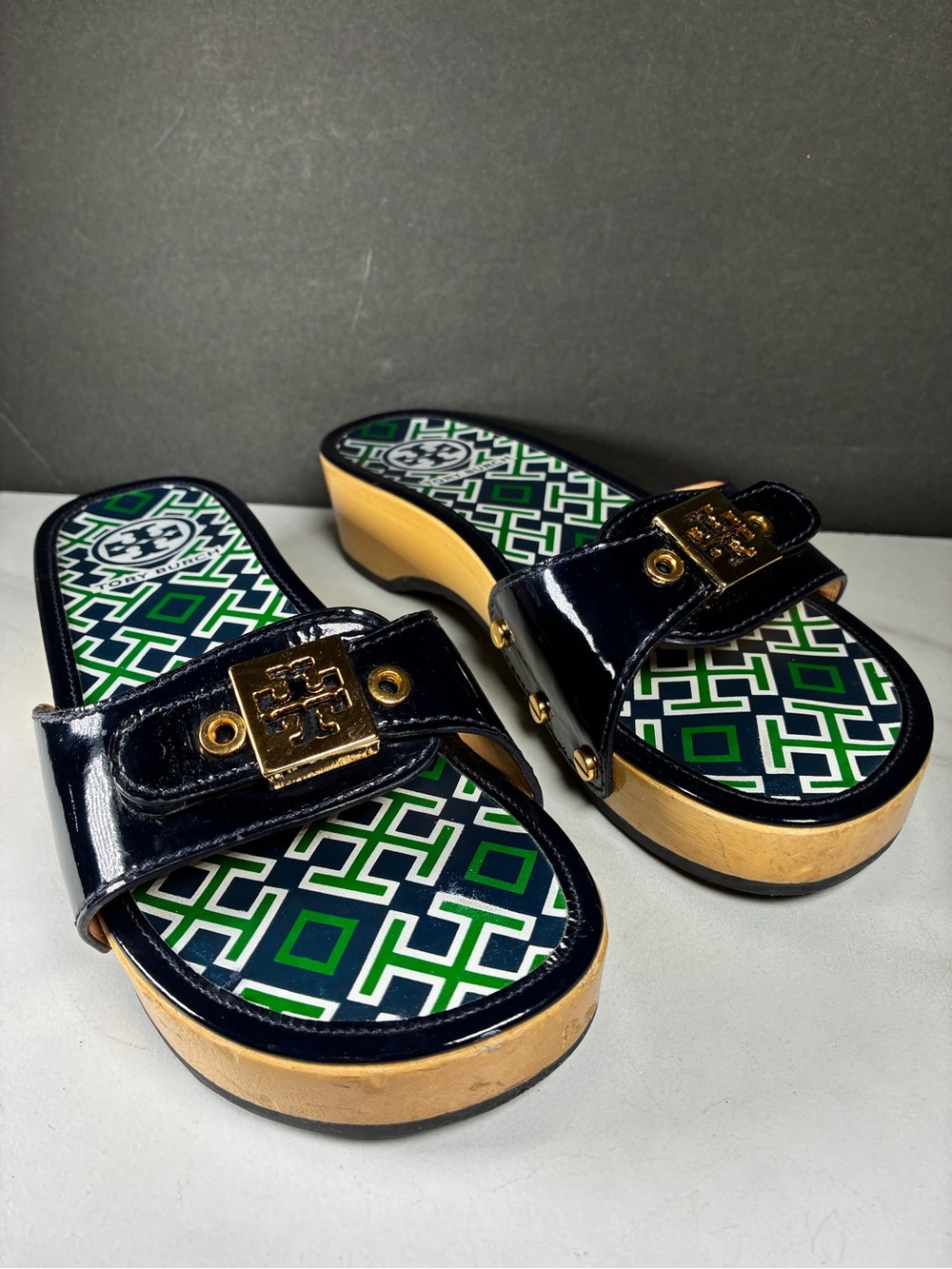 Tory Burch Dixon Navy Patent Leather Wooden Clog Sandals